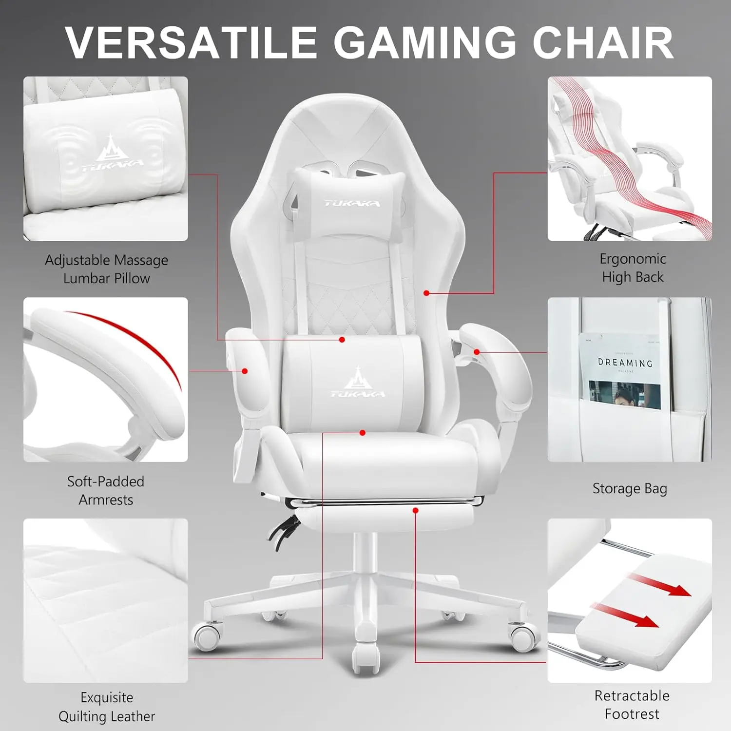 White Ergonomic Gaming Chair with Footrest, Reclining Leather Computer Desk Chair with Lumbar Support view 5