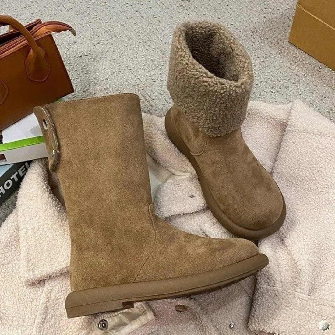 

Теплые зимние ботинки до середины икры из натуральной кожи на флисовой подкладке, женские зимние ботинки, удобные ботинки с круглым носком на резиновой подошве