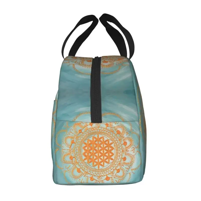 Flower Of Life Mandala Ocean Gold On Turquoise Insulated Lunch Bag Portable Yoga Meditation Cooler Thermal Lunch Tote Beach