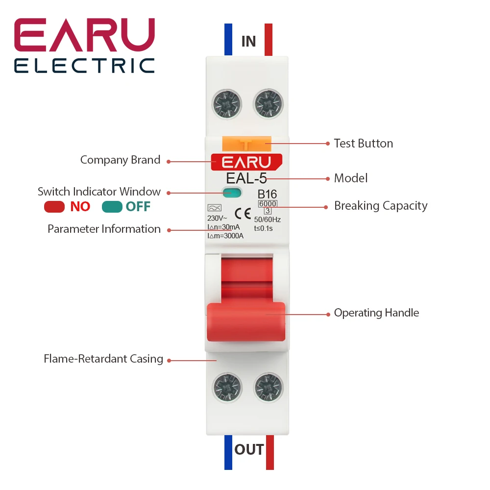 RCBO نوع A قطاع دارة أوتوماتيكي متبقي 1P + N 2P 6A 10A 16A 20A 32A 40A منحنى C/B حماية التسرب الحالي 30mA