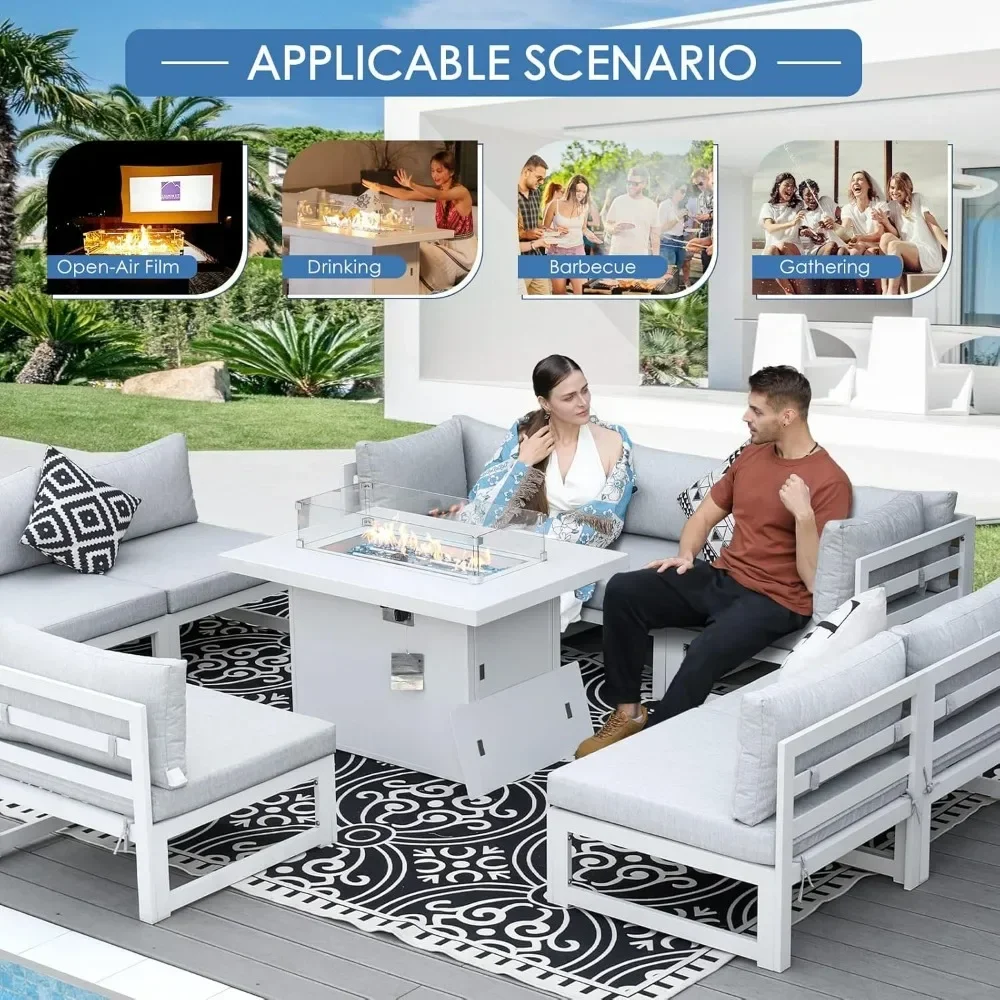 7 Pcs Aluminum Patio Furniture with Fire Pit Table Outdoor Conversation Set 43" Propane & Natural Gas Convertable Fire Pit Table