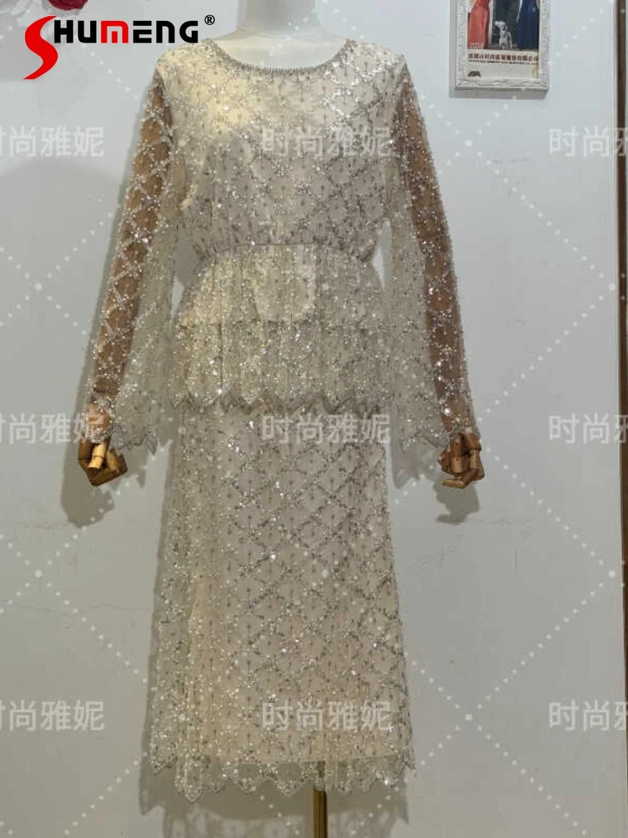 

Fashion 2024 Autumn Small Fragrant Round Neck Long-sleeve Top Beaded Sequined Medium Long Lace Trendy Skirt Female Two-piece Set