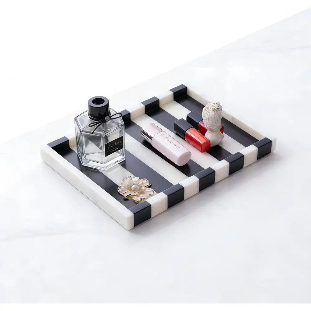

Striped Natural Marble Tray, Black White Geometric Recular Tray, Vanity Organizer or lry, Makeup, Bath entials, ern Home Decor