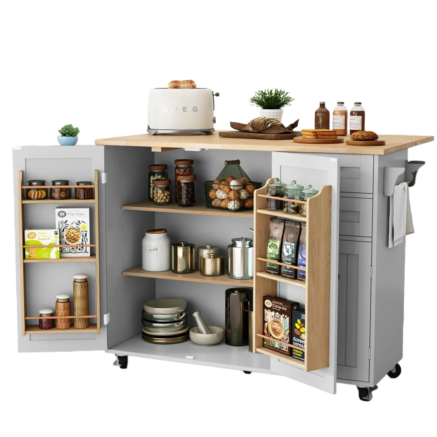 Kitchen Island Grey Rolling Drop-Leaf Bar Countertop Prep Table Side Open Spice Rack Tower Rack Storage, Customized