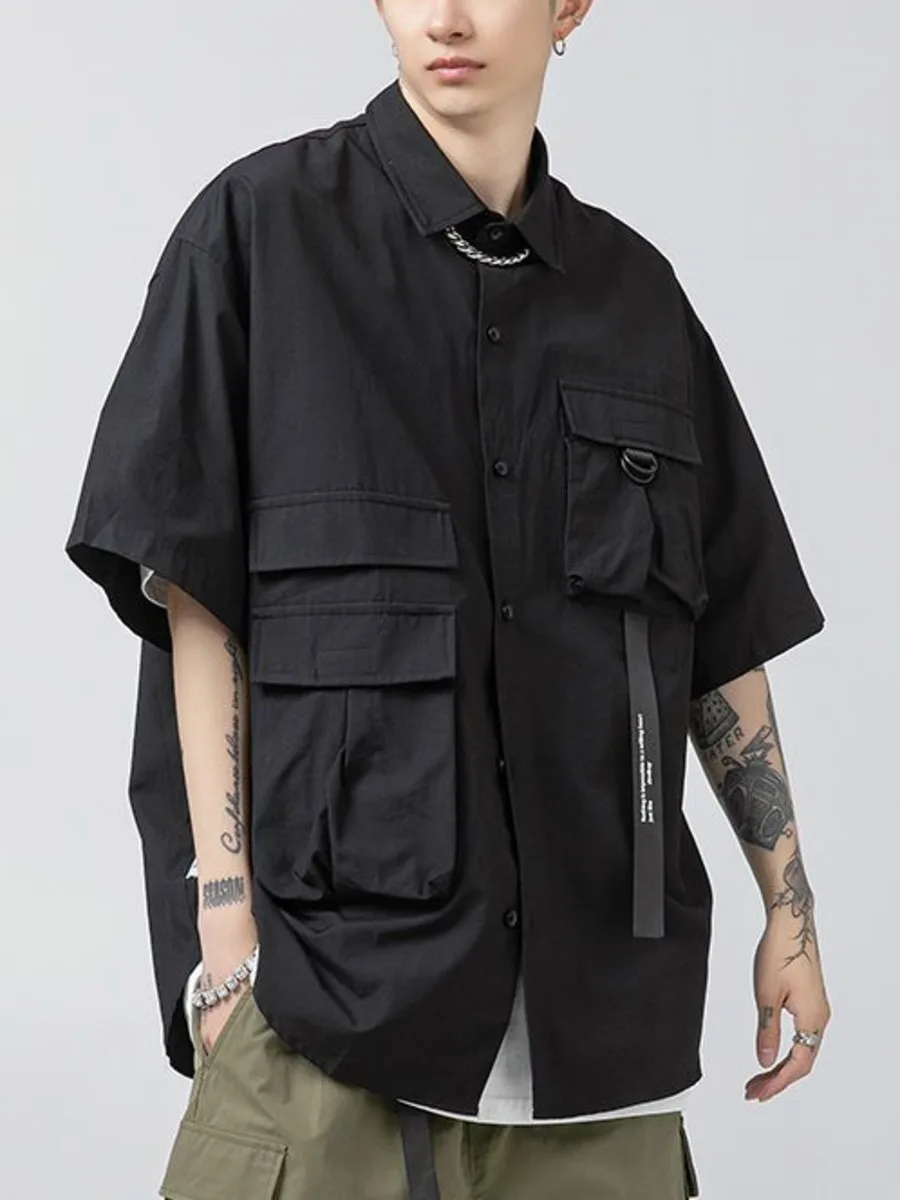 

Мужская функциональная рабочая одежда с несколькими карманами, рубашка с коротким рукавом, свободный повседневный уличный воротник, однотонный летний топ