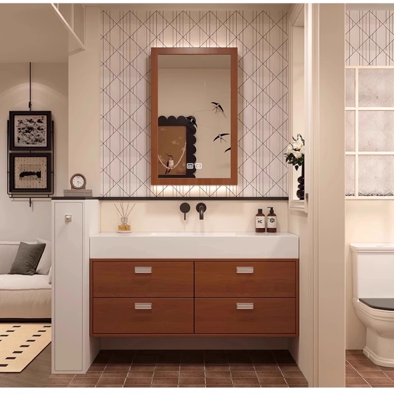 Medieval style bathroom cabinet combination rock slab ceramic seamless basin bathroom sink