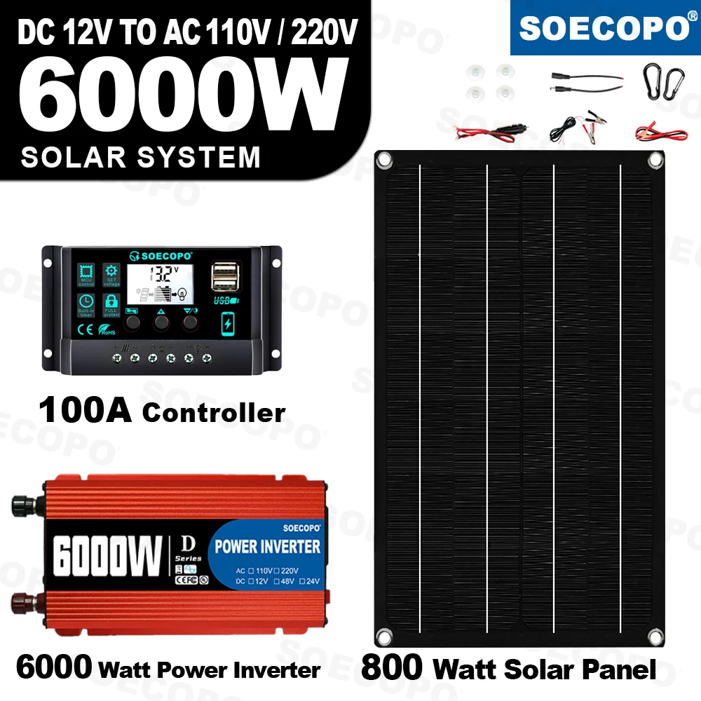 

6000W Solar Power System 800W Panel 100A Controller Alligator Clips Carabiner Hooks 12V to 110V 220V for Home RV CE FCC