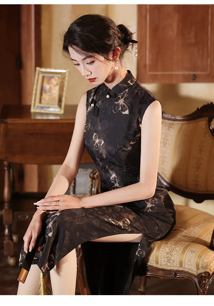 ผู้หญิงผิวดําแขนกุดยาว Cheongsam วินเทจผีเสื้อพิมพ์สไตล์จีน Qipao เครื่องแต่งกายชุดราตรีแต่งงาน