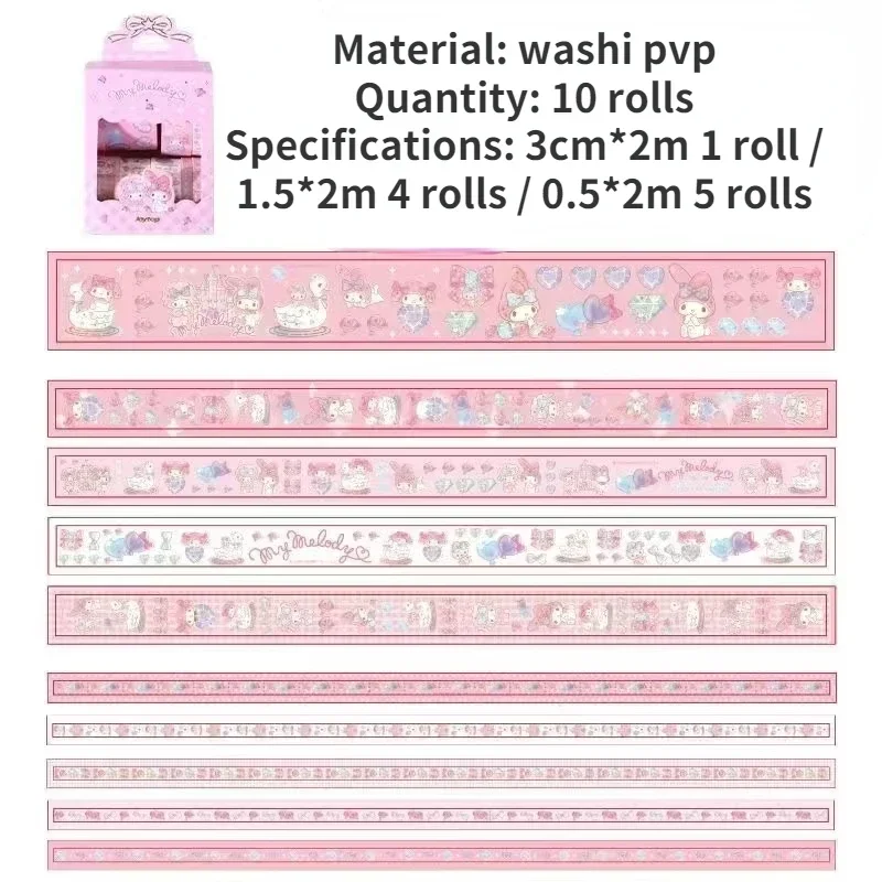 Genuine Sanrio Pochacco Kulome Hello Kitty Cute Cartoon Bronzing Washi Paper Hand Account Tape 10 Rolls/box