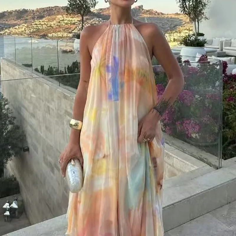 مثير بلا أكمام عارية الذراعين الدانتيل متابعة فستان طويل المرأة أنيقة الرسن جوفاء فستان مناسبات موضة نمط طباعة فساتين الحفلات فضفاضة