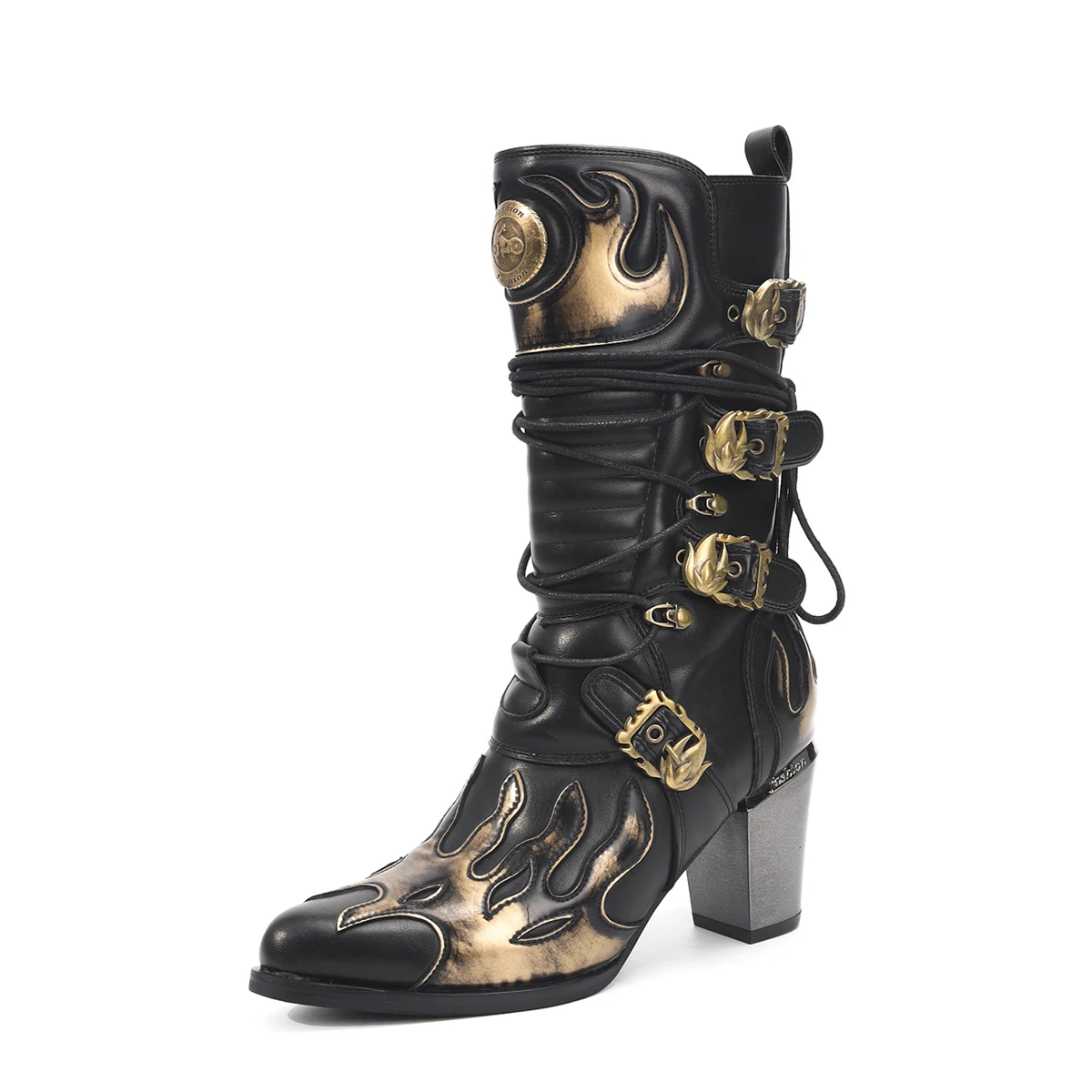 

Original Flame Western Cowboy Boots Thick Heel Punk Style Knight Boots Men's and Women's Mid-Calf Motorcycle Boots