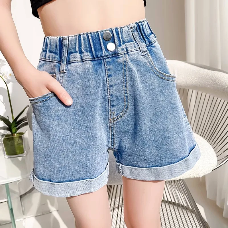 New Summer Shorts for Girls Cotton Teenage Denim Pants Fashion Children Elastic Waist Breathable Shorts Kids Clothes 8 10 12 14Y