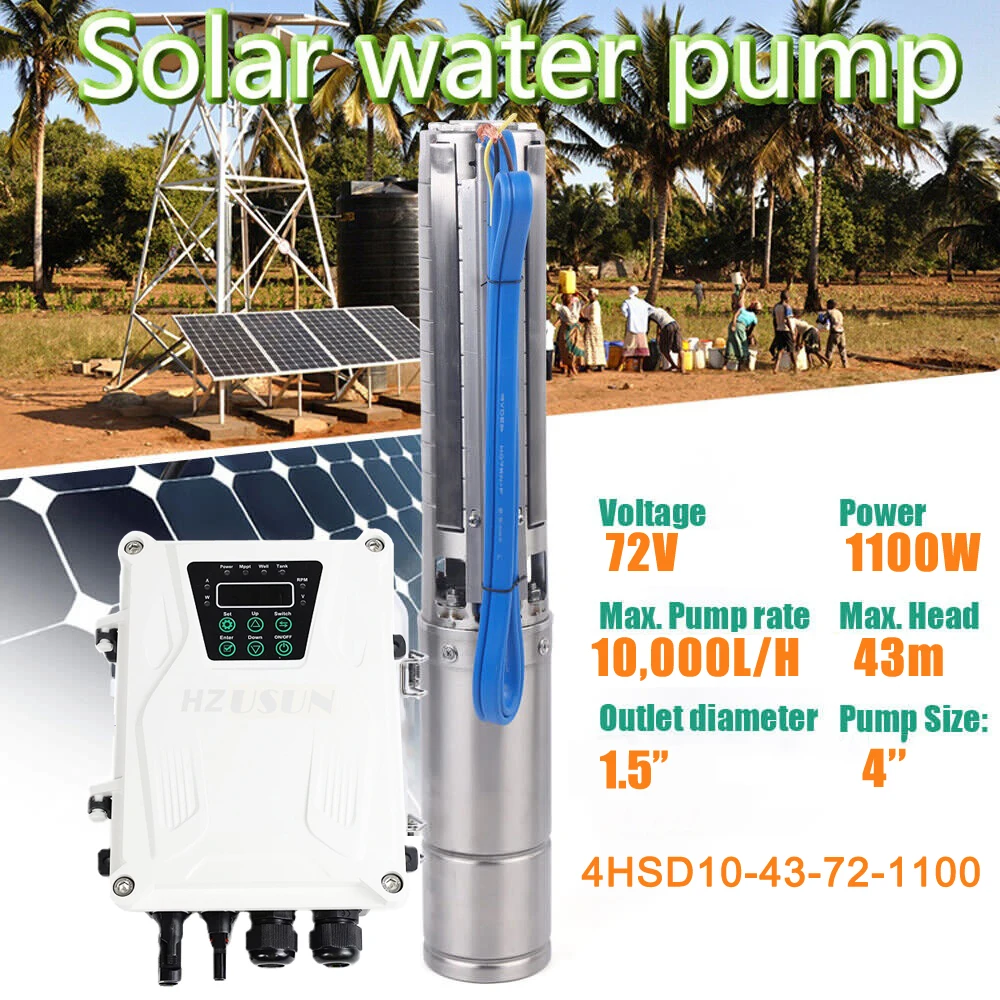 4 Inch 1.5 HP DC Solar Water Pump Farm Irrigation Stainless Steel 72V Solar Deep Well Submersible Pump Kit  with MPPT Controller