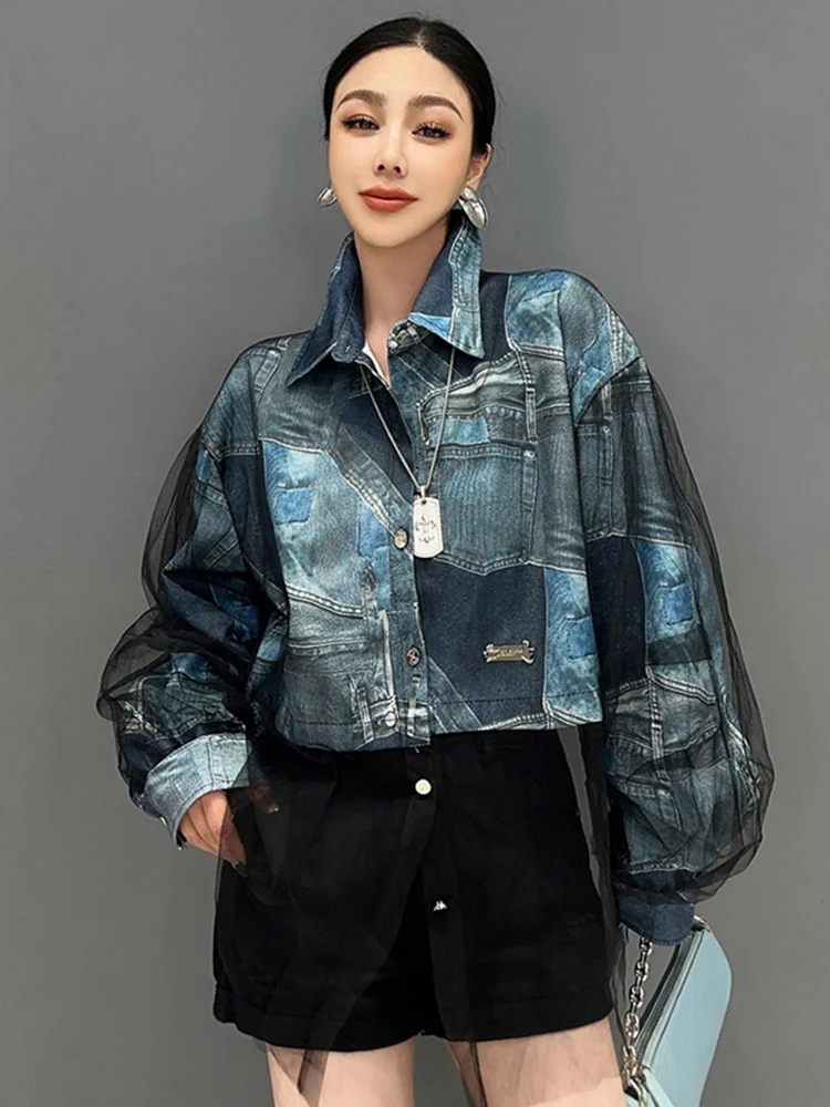 SHENGPALAE 2025 Spring New Printed Denim Shirt With Organza Long Sleeved Short Coat Design Fashionable Loose Women's Wear 5R9533