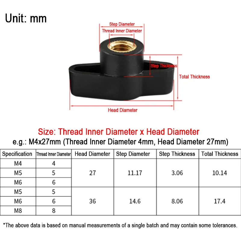 M4 M5 M6 M8 T Type Plum Bakelite Hand Tighten Nuts Butterfly Plastic Head Hand Knob Nut Through Hole/Blind Hole Head Dia 27/36mm