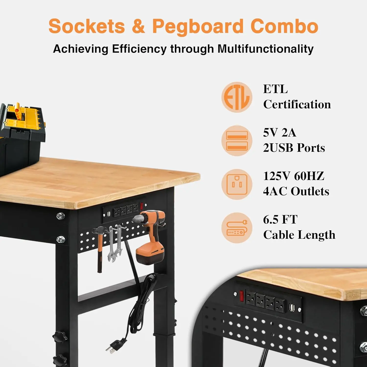 70" Adjustable Height Workbench, 2000 LBS Heavy Duty Work Table with Power Outlets & Pegboard, Rubber Wood Workstation