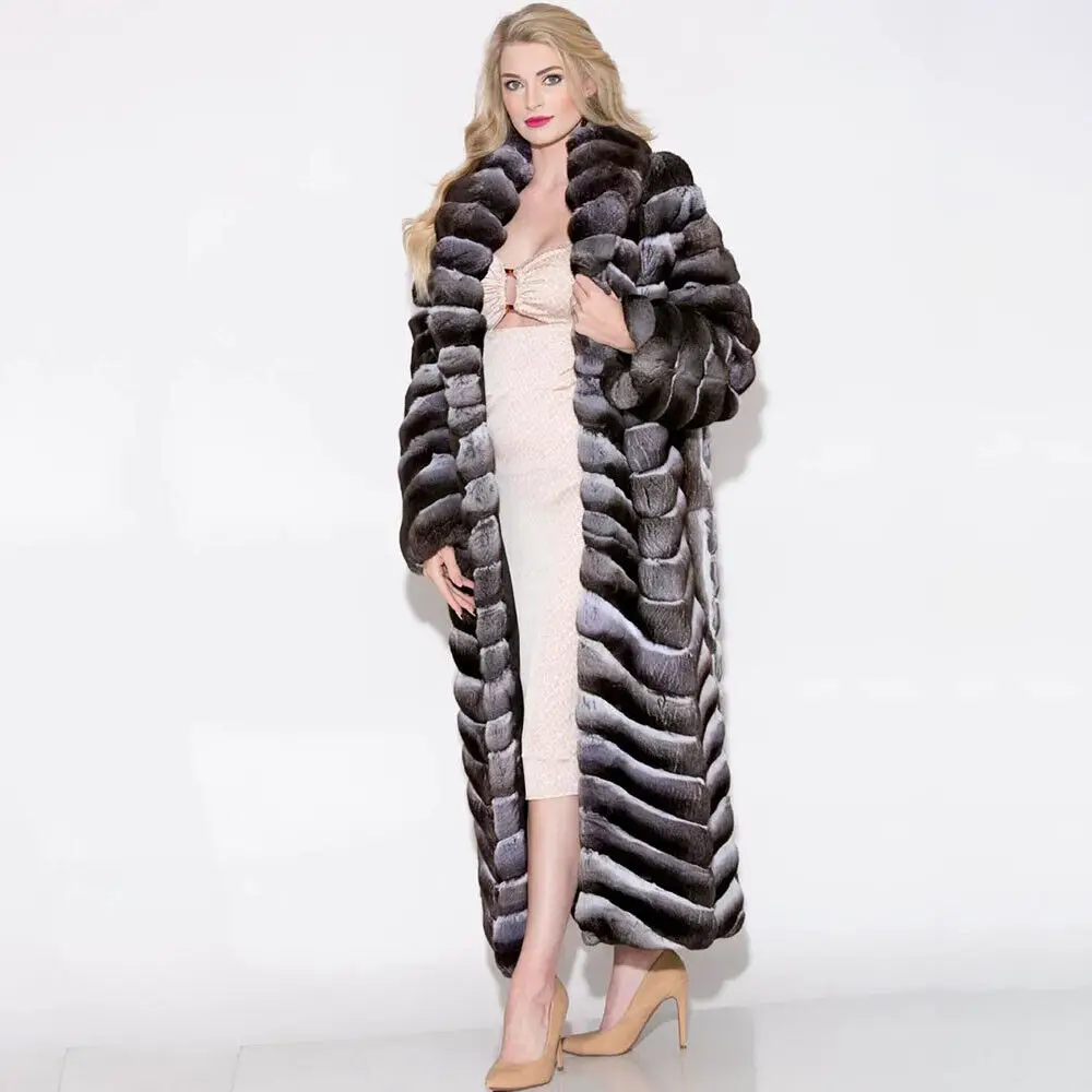 120CM Women's Luxury Chinchilla Coats Real Rex Rabbit Fur Long Warm Jackets Winter Natural Rex Rabbit Fur Thick Outerwear