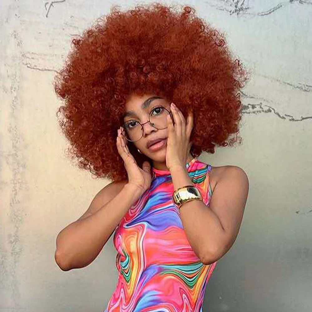

Short Afro Wig with Bangs for Black Women Natural Kinky Curly Hair 70s Vintage Synthetic Wig Heat Resistant Cosplay Party Daily