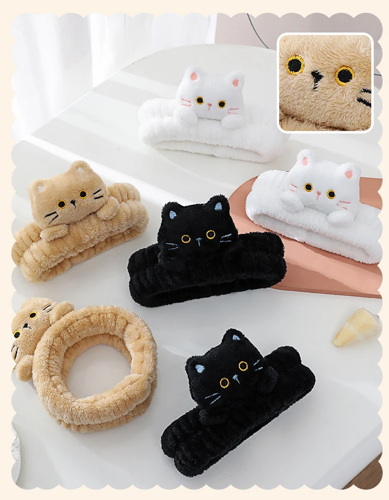 Niedliche Korallen-Fleece-Stirnbänder, elastisch, Cartoon-Katze, Make-up, Gesicht waschen, Haarbänder, weich, spurlos, Gesichts-Spa-Kopfbedeckung, Haar-Accessoires – Detail 7