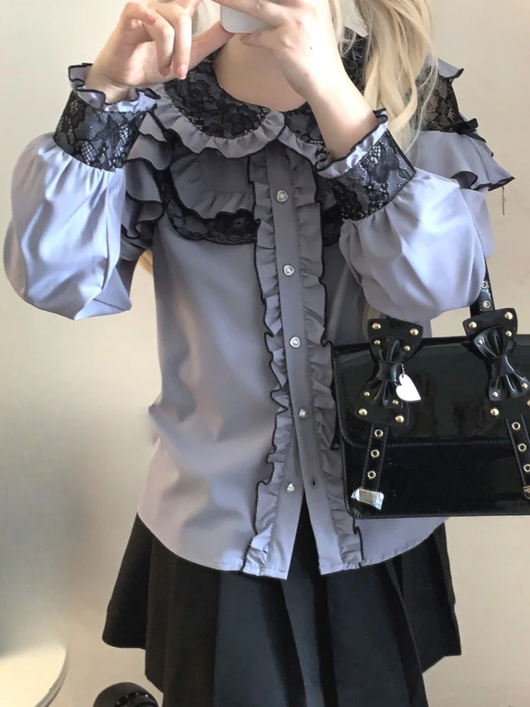 Japanese Kawaii Girl Lolita Long Sleeve Shirt Y2k Aesthetic Lace Patchwork Bow Blouse Women JK Sweet Ruffled Tops Blusas Camisa