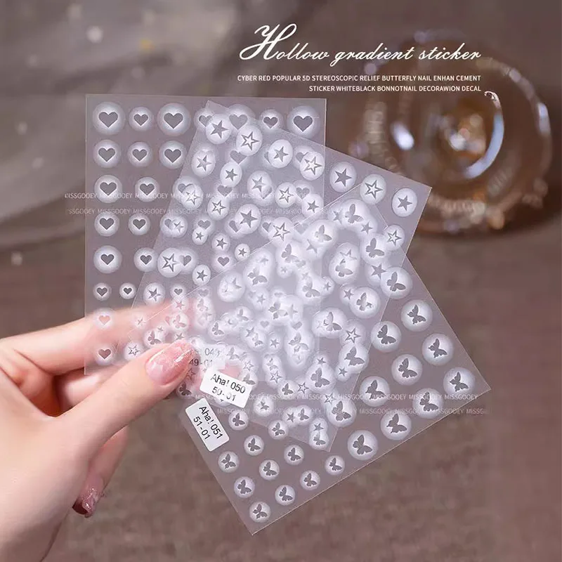 White Bloom Hollow Translucent Butterfly Heart Nail Sticker Press on Nails Decals Hollow Heart Star Shape Sticker Sliders ZJT14