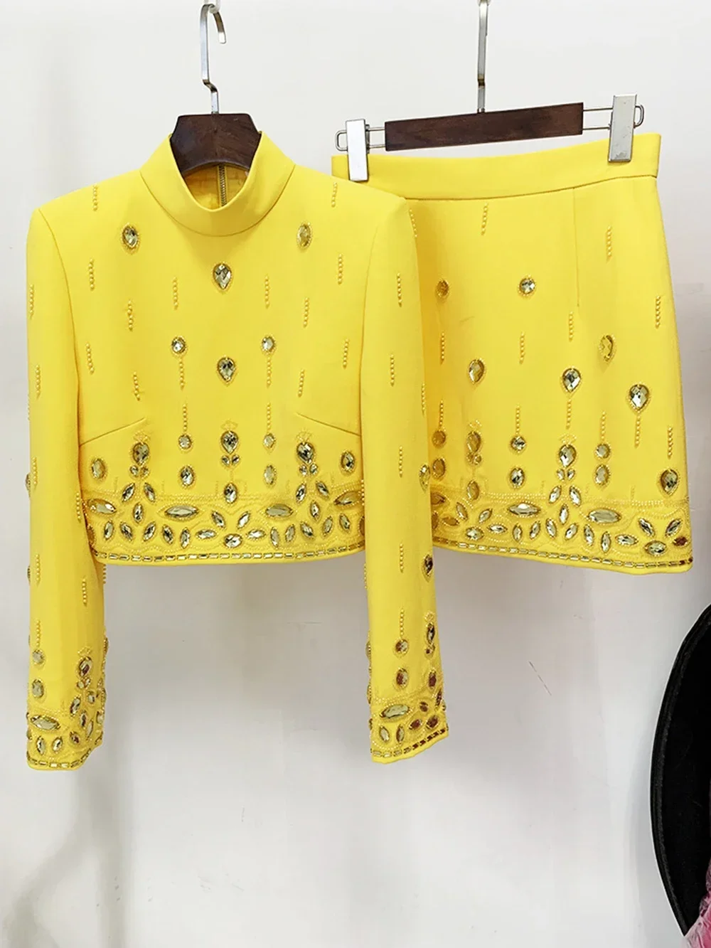 DEIVE TEGER   2024 New Autumn Women's Fashion Sexy Diamond Beaded Short Top+Dress Yellow Two Piece Suit Set High Quality