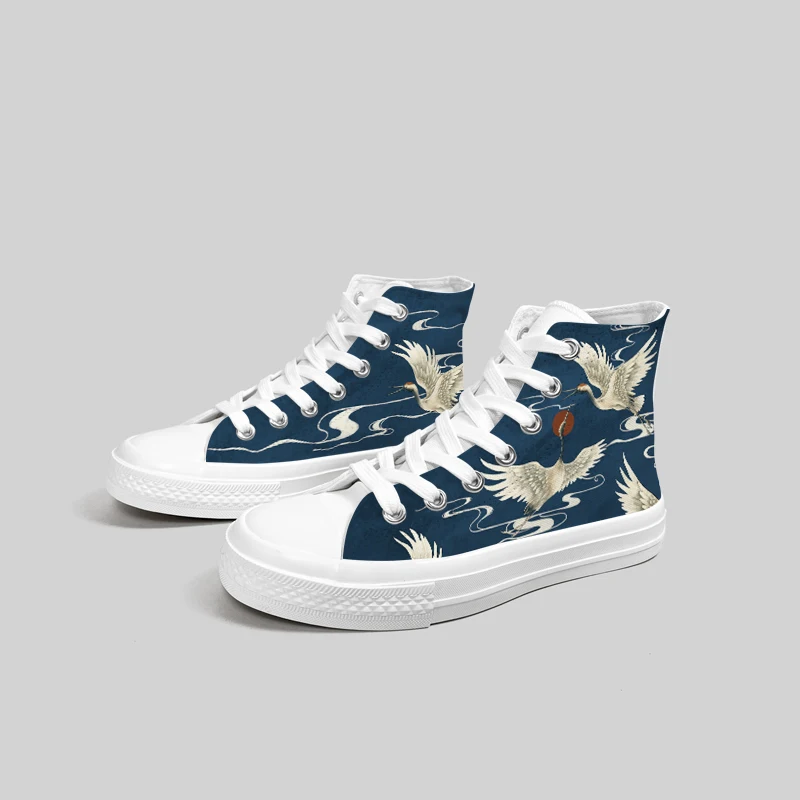 Amy and Michael Original Design Hand Painted Red Crowned Crane Women\'s Sneakers Fashion Tennis Female High Top Flat Canvas Shoes