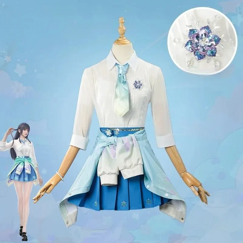 

Justina Gu Costume Game Naraka Bladepoint Cosplay White Shirt Blue Skirt Coat Full Set Uniform JK for Women Girls Theme Party