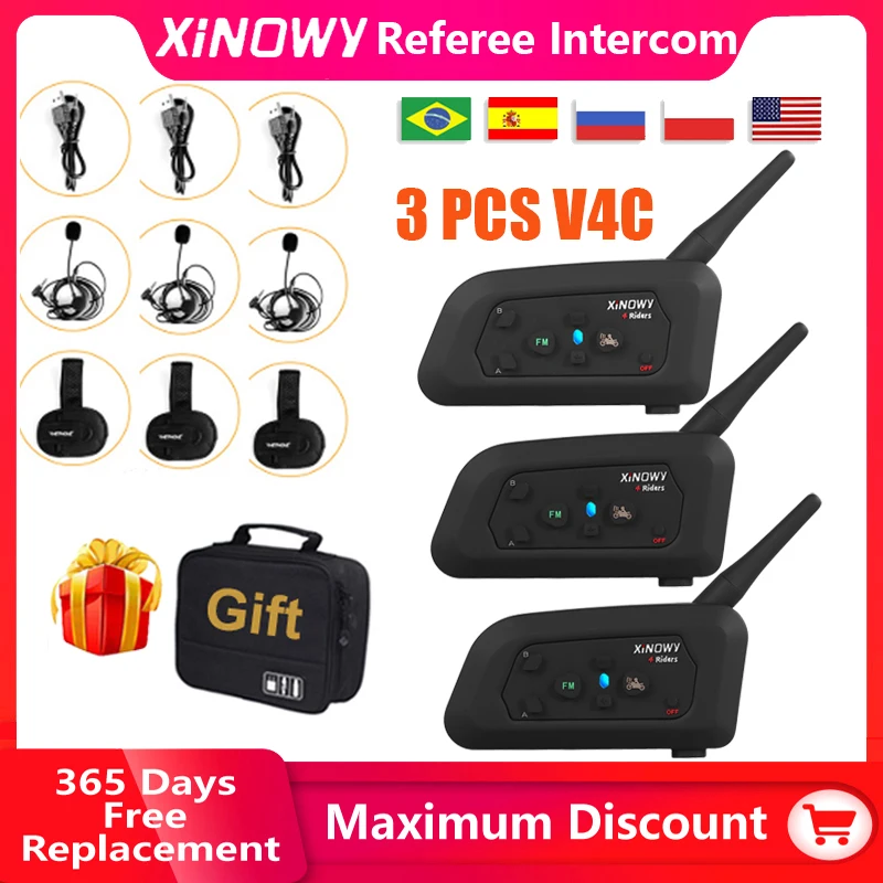 XiNOWy 3pcs V4C 1200M Intercom Full Duplex 3-Ways Football Coach Judger Earhook Earphone Referee Communication System Interphone