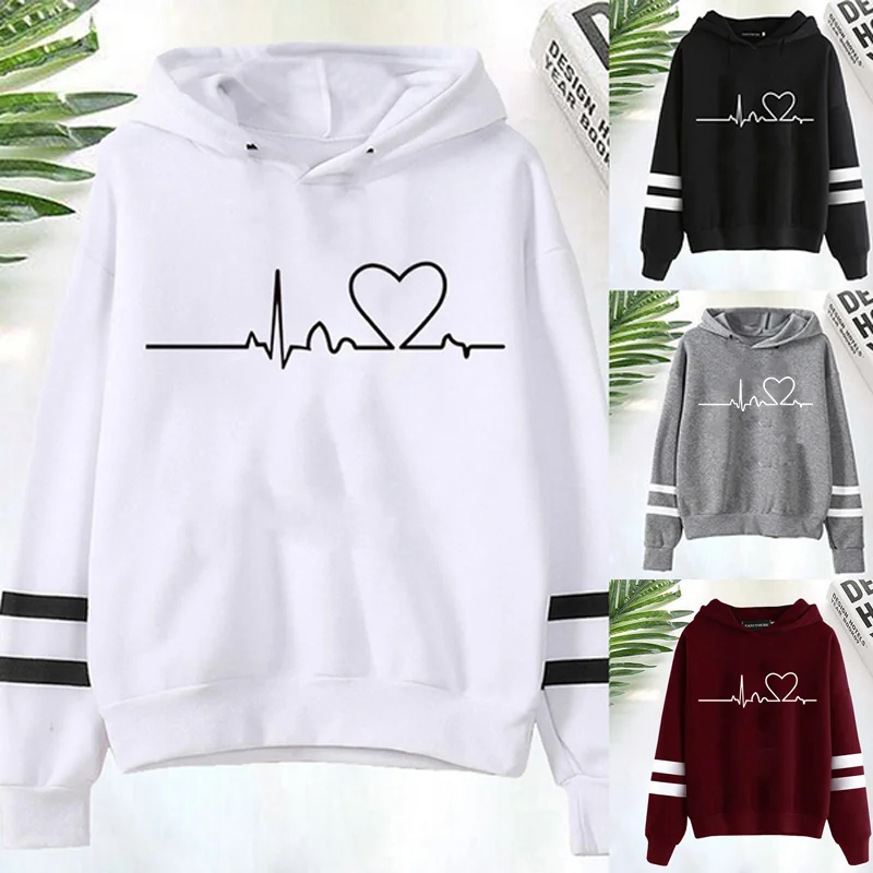 

Heartbeat Line Printing Hoodies Hooded Top Women Sweatshirt Long-sleeved Autumn Casual Hooded Streetwear