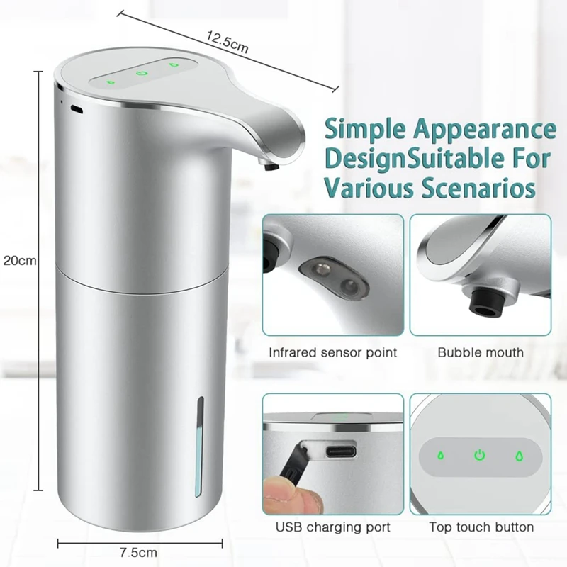 Dispensador de jabón automático, dispositivo eléctrico de espuma, recargable por USB, ajustable, impermeable, 450 ML