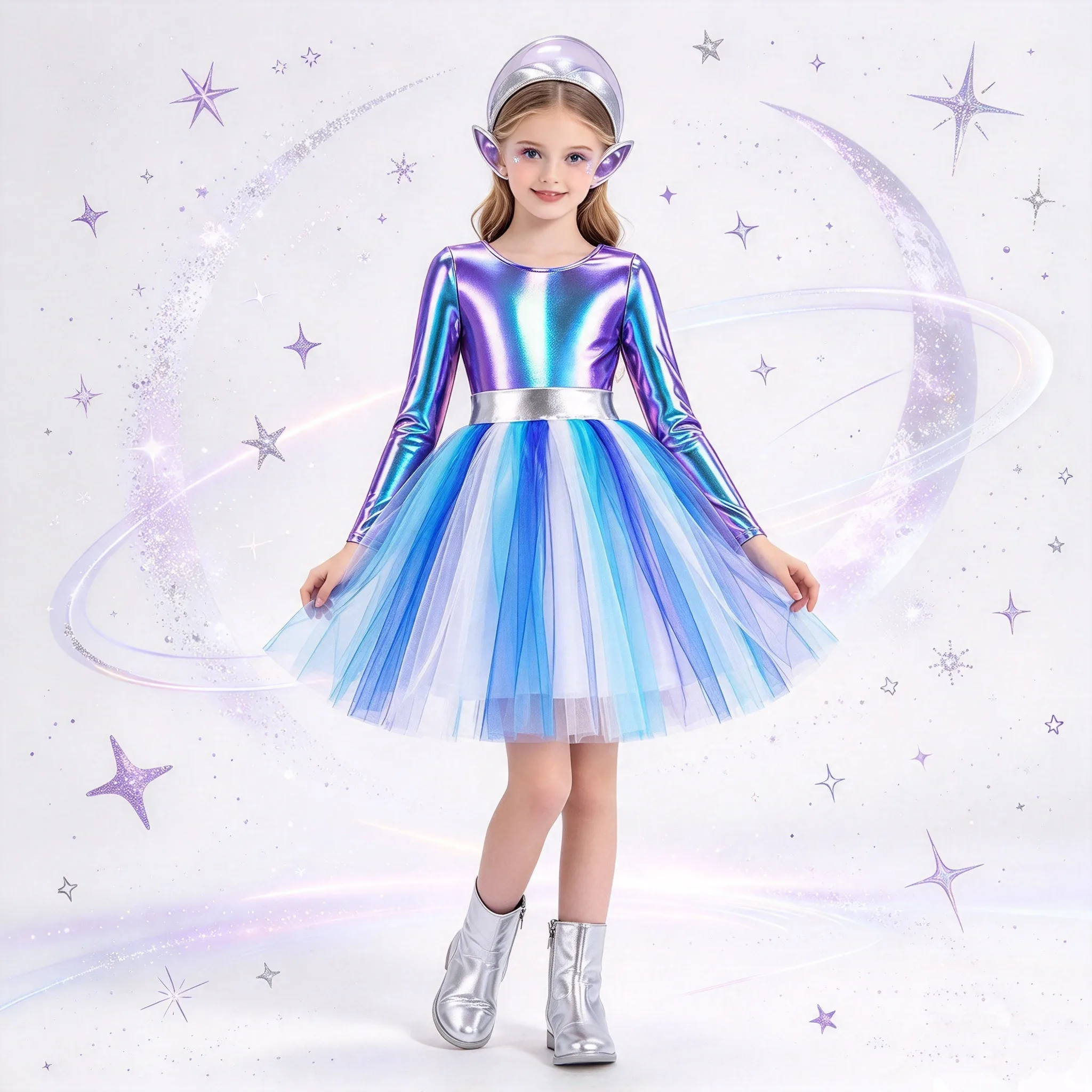 Kids Girls Alien Costume Long Sleeve Metallic Shiny Zipper Bodice Tulle Dress Halloween Theme Party Robot Space Cadet Clothes