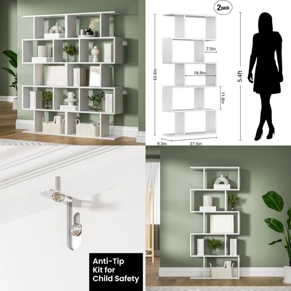 مجموعة خزائن كتب هندسية حديثة مكونة من 5 طبقات على شكل حرف S، وأرفف مقسمة للغرفة بطول 62.6، وتخزين عرض ديكور للمنزل