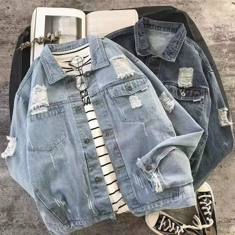 Men\'s Denim Jacket with Hole Ripped Male Jean Coats Autumn White Korea Fashion Original Winter 2025 Korean Popular Clothes Lxury