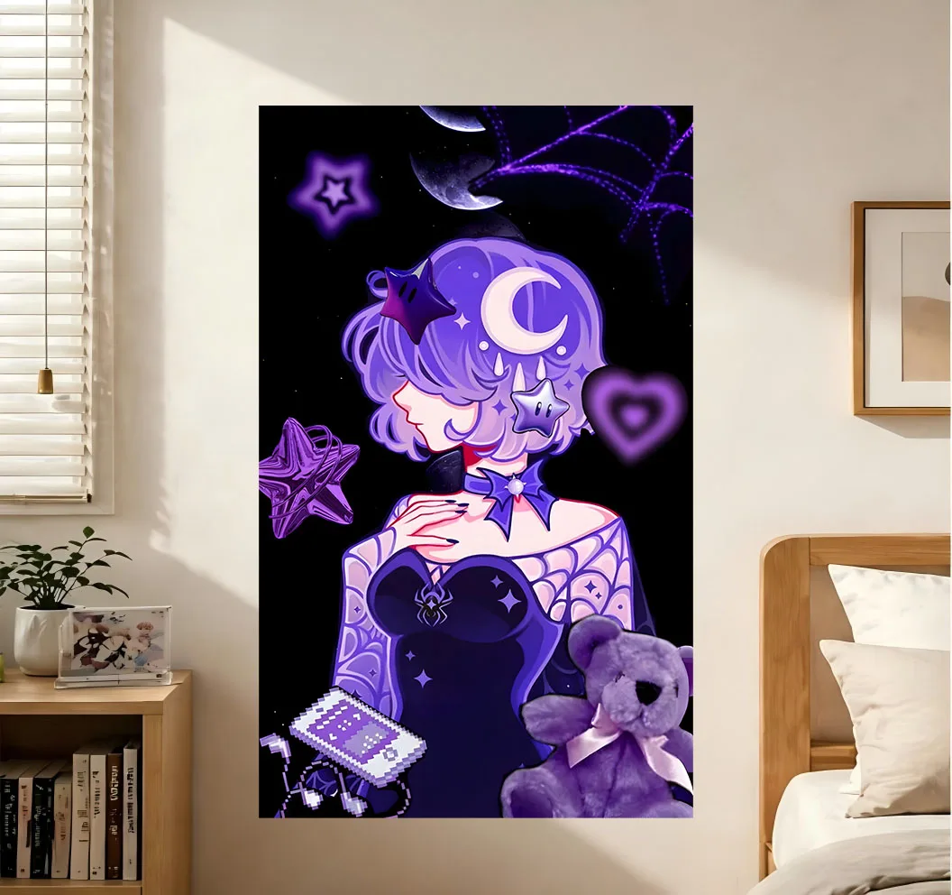 Y2K Gothic Anime Girl Tapestry Purple Moon Star Girl Aesthetic Wall Hanging Tapestry Dorm Bedroom Background Cloth Home Wall Dec