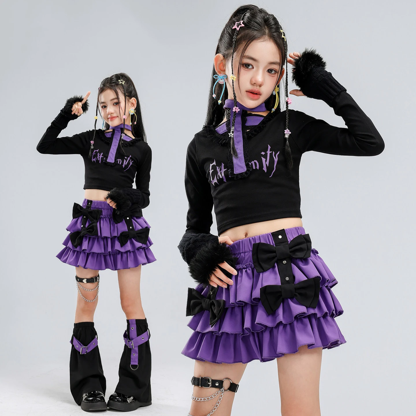 2026 Cheerlead Dance Clothes Girls Performance Suit Long Sleeves Jazz Costumes Tops Purple Cake Skirt Kids Kpop Clothing BL20163