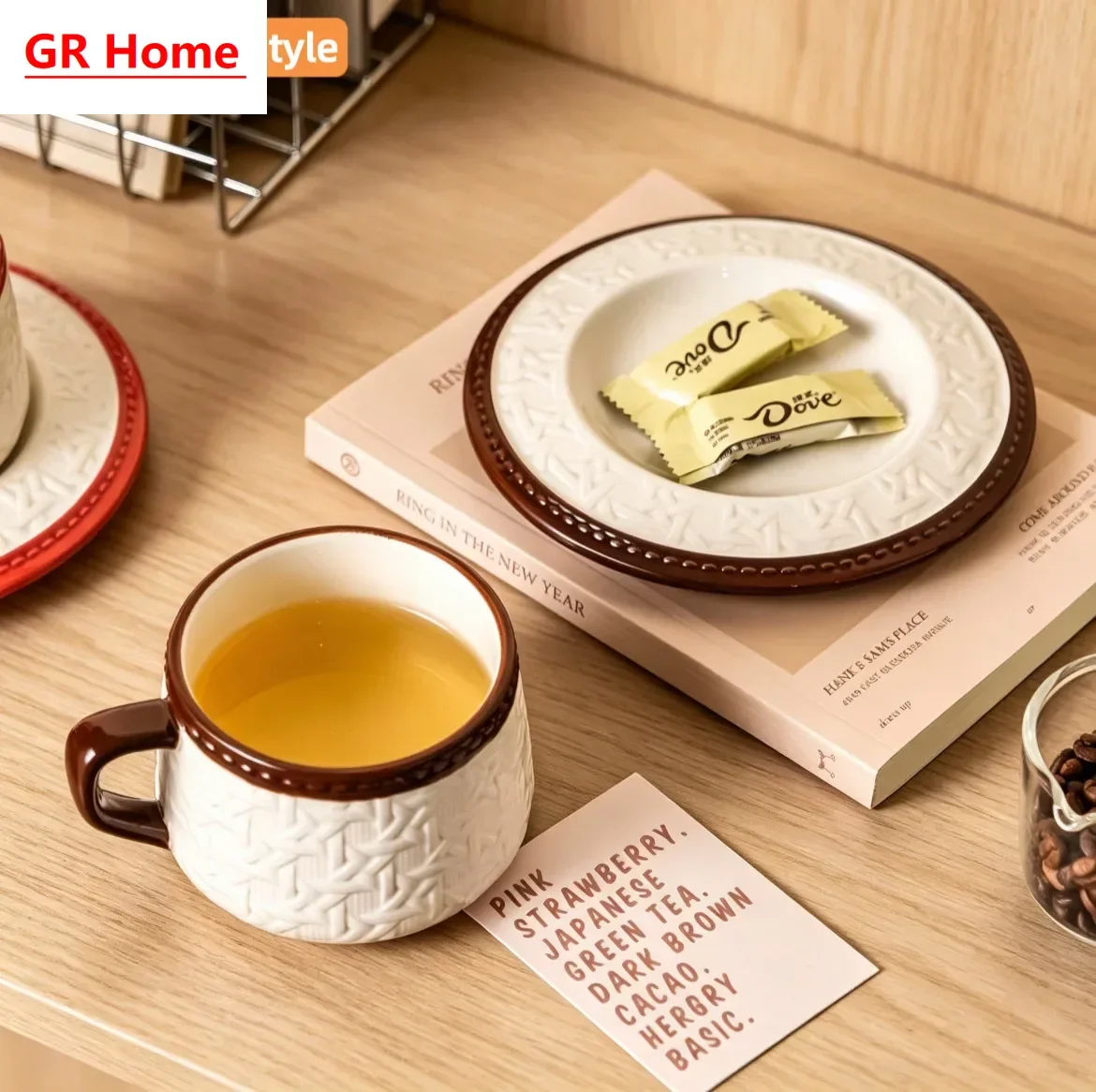 Stylish French Retro Rattan Cup Set, Ceramic Coffee & Tea Cups with Saucer, Color Boxed as Festival & Daily Presents