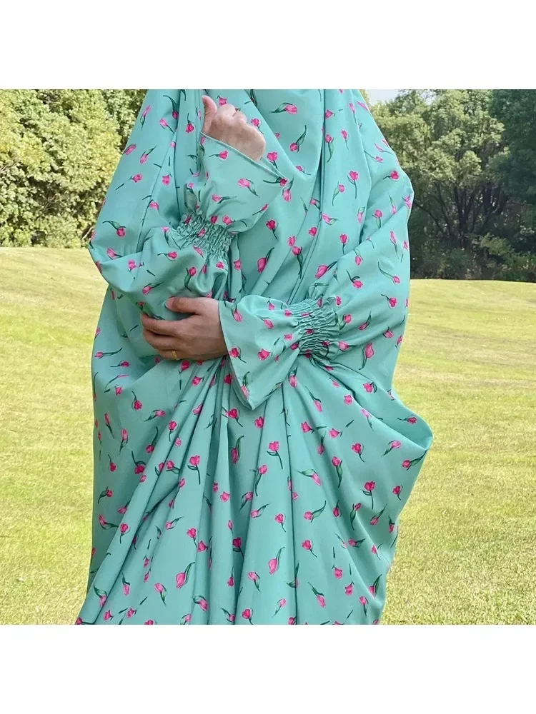 عباية مسلمة بقلنسوة 5 ألوان للعيد مطبوع عليها زهور فستان صلاة نسائي طويل خيمار حجاب غطاء كامل عباية دبي إسلام قفطان رداء نقاب