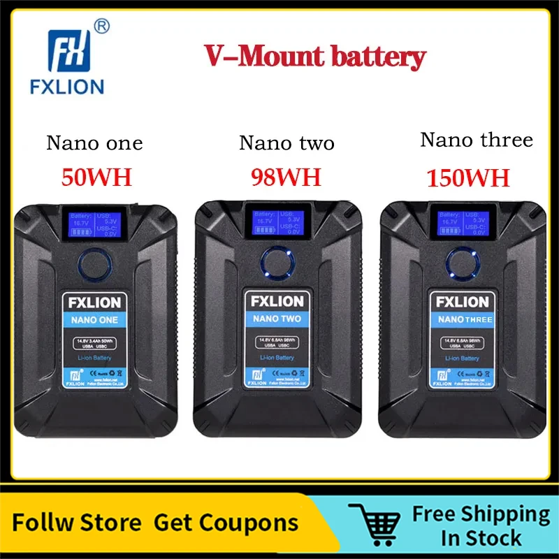 FXLION NANO One/Two/Three V-Mount Spare Battery with Type-C, D-tap, USB A, 14.8V 150Wh Micro For Cameras, Camcorders,Large LED