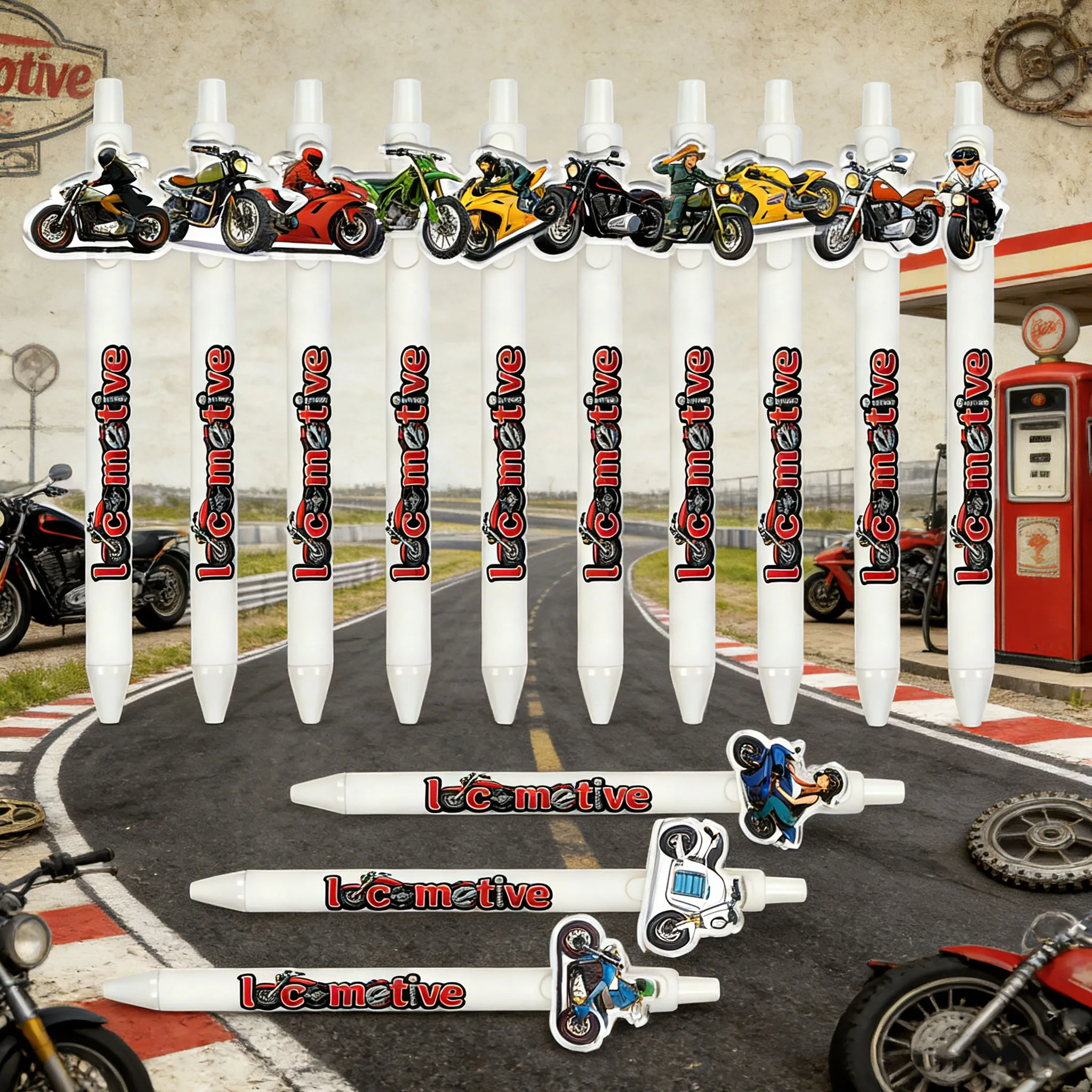 

13pcs/17pcs Cool Motorcycle Pattern Ballpoint Pen Cycling Enthusiasts Trendy Stationery Gift Pen