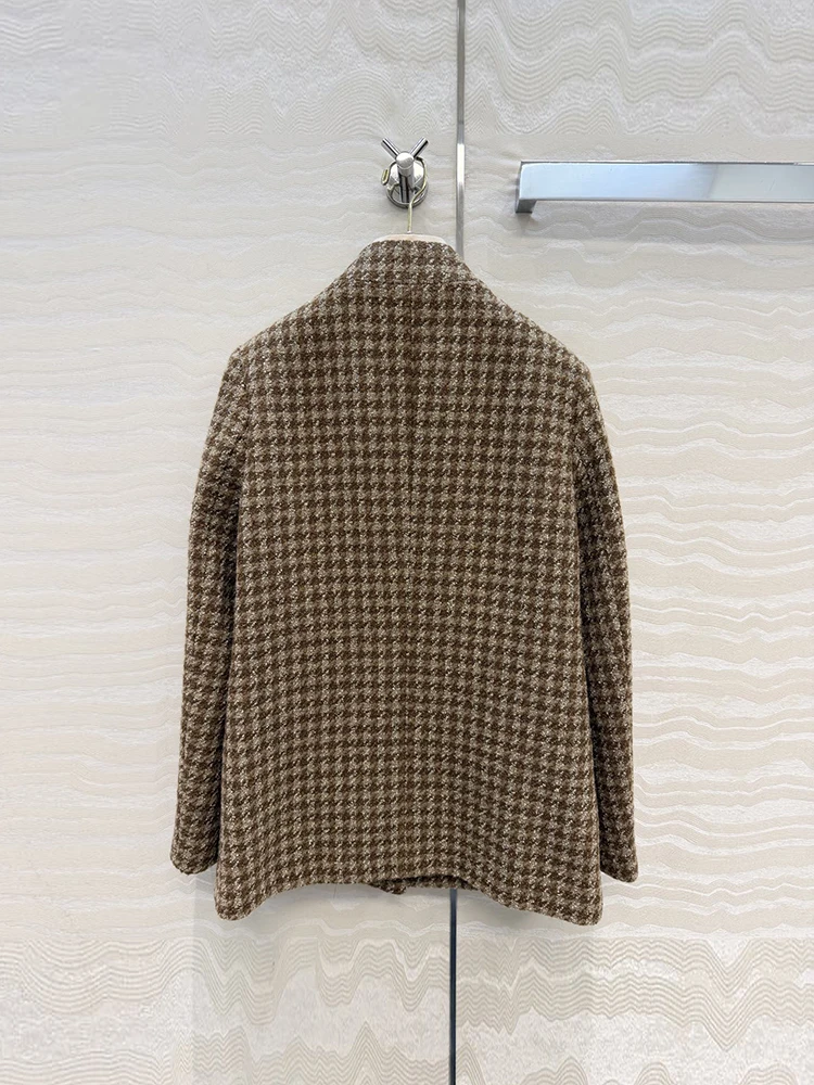 Spring Autumn Fashion Vintage Thousand Bird Lattice Wool Trousers Suit Women's Stand Collar Long Sleeve Coat + Wide Leg Pants