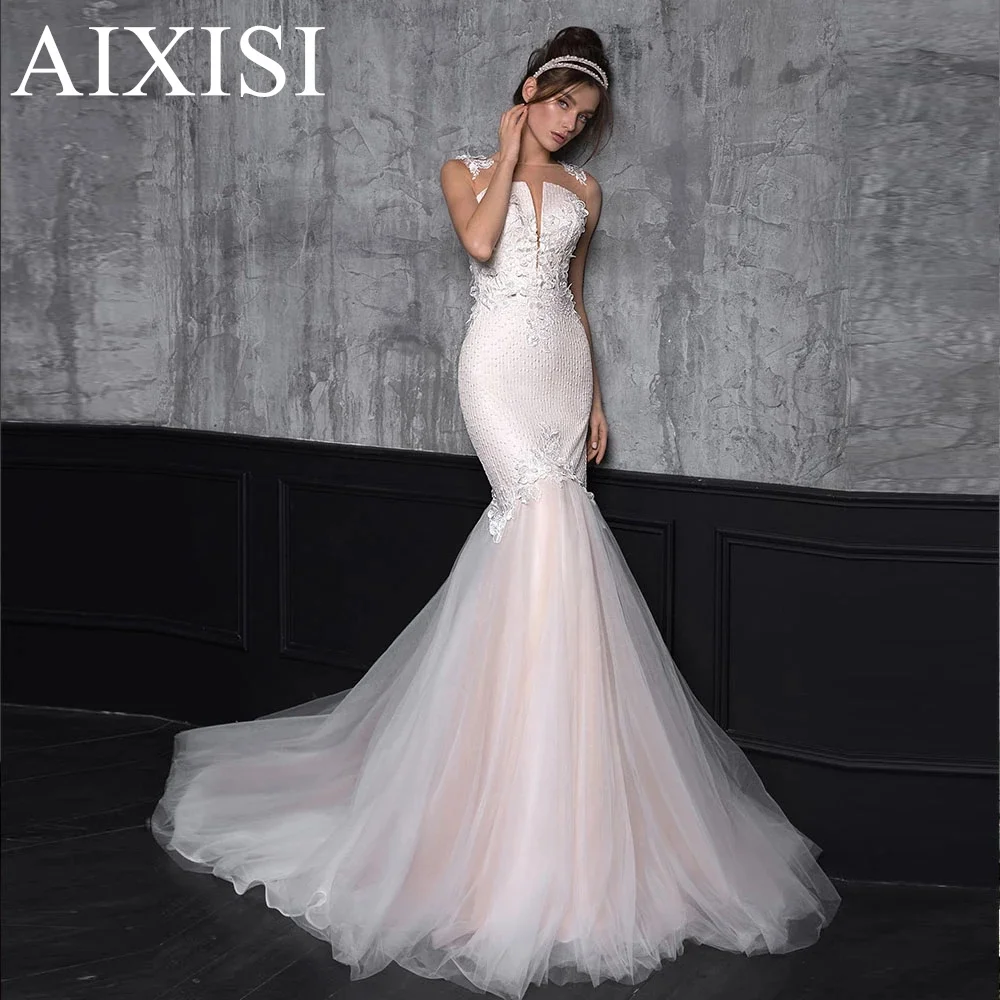 

Wedding Dresses For Women Bride Appliques Mermaid Robe De Soire De Mariage Deep O- Neck Sleeveless Backless Tull Button