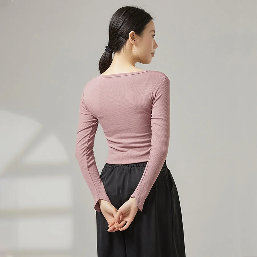 Women's Modern Dance Top Viscose Ribbed Knit High Stretch Breathable V-Neck Slim Fit Ballet Dance Top Yoga Shirt Stage Performan