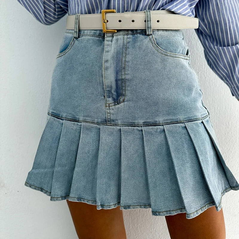 

2024 Female High Waist Designer Pleated Skirts Girls Elegant A Line Dress Women Fashion Gothic Light Blue Dark Blue Black Skirts