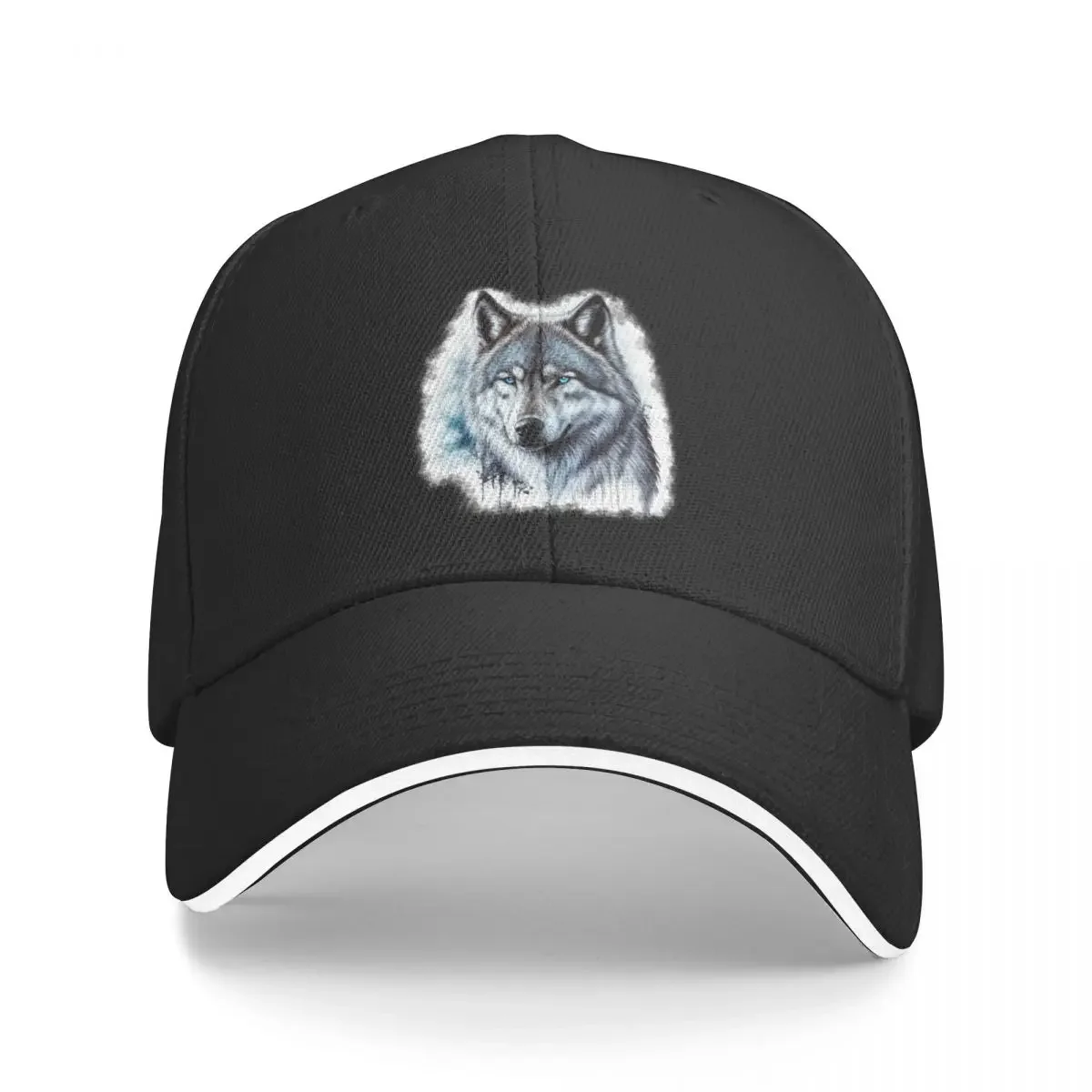 Blue Eyed Wolf painting with splatter paint and abstract background Baseball Cap New Hat Fishing cap Vintage Men Caps Women's