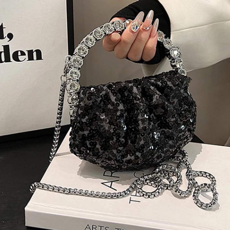 Bolso de lujo con lentejuelas para mujer, bandolera pequeña con pliegues incrustados de diamantes, novedad de 2024