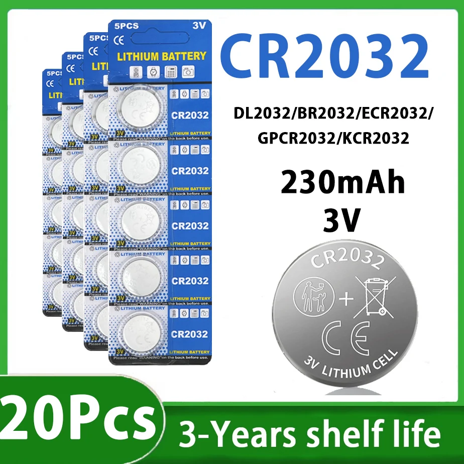 5-100Pcs CR2032 Lithium Button Battery 3V 230mAh High Capacity Coin Cell for Key Fob Watch Scale - Pack of 5/10/25/50/100