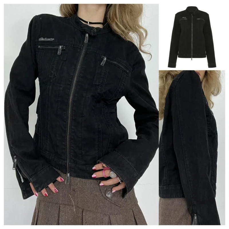 

Женская джинсовая куртка с двойной молнией — уличное пальто в винтажном стиле карго, повседневная верхняя одежда с длинными рукавами