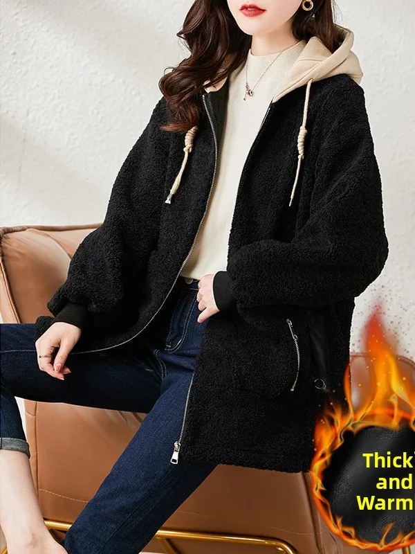 معطف نسائي شتوي مقاس كبير من فرو الضأن مع غطاء للرأس من الجلد والفراء ملابس خارجية فضفاضة غير رسمية بفتحة مستقيمة #2