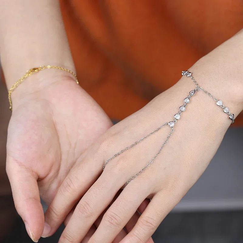 Bezel Heart Shaped Cubic Zirconia CZ Geometric Station Finger Hand Chain Bracelet For Women